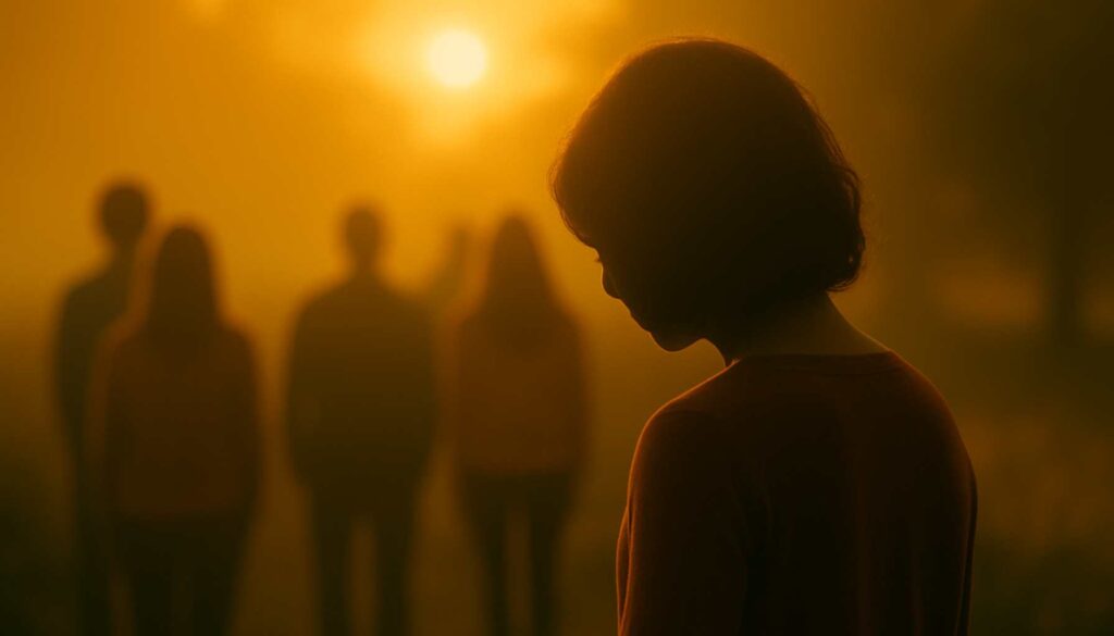 Symbolbild für Hochsensibilität: eine Person steht im Schatten, leicht abseits einer Gruppe, in warmem goldenen Licht – Gefühl von Anderssein und Sensibilität
