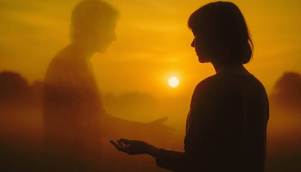Silhouette einer Frau im Sonnenuntergang, die einer schemenhaften Schattenfigur gegenübersteht – Symbol für karmische Beziehung, Anziehung und Loslassen.