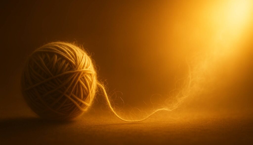 Loser Faden eines Garnknäuels, der sich im Licht auflöst – Symbol für das Durchbrechen karmischer Muster