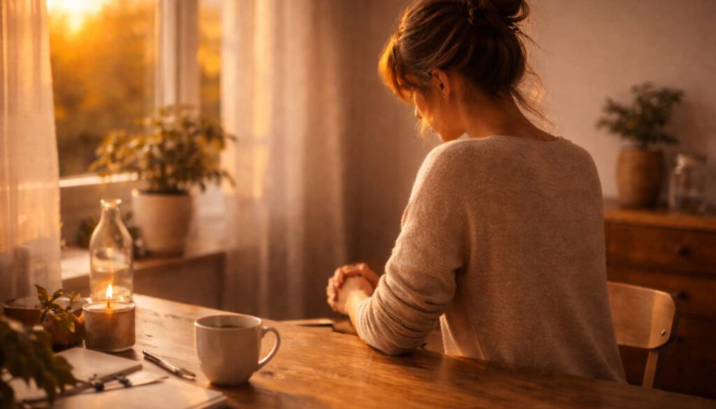 Frau sitzt still an einem Tisch im warmen Abendlicht, ein ruhiger Moment stiller Erschöpfung