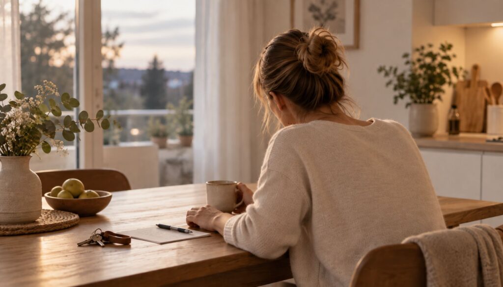 Erschöpfte Frau sitzt abends mit einer Tasse am Küchentisch