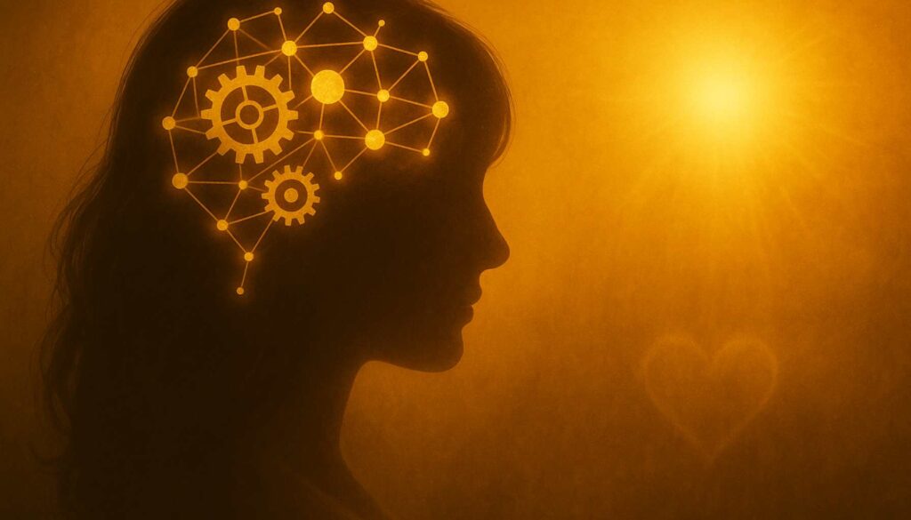 Silhouette eines Kopfes mit leuchtendem Gedankenmuster im warmen goldenen Licht – Symbol für Kopfmensch und die Dominanz des Verstandes