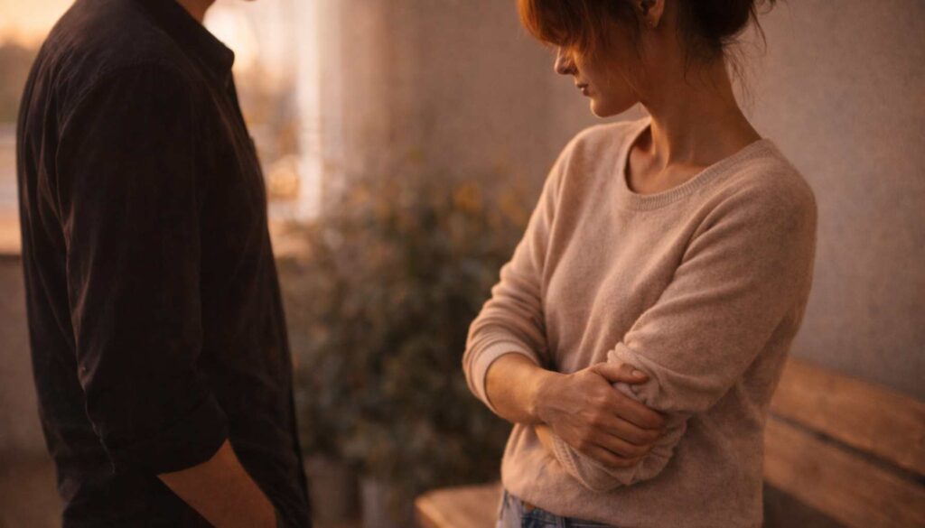 Feinfühlige Frau steht im Gespräch mit einer anderen Person und wirkt innerlich angespannt, Moment von emotionaler Überforderung im Kontakt