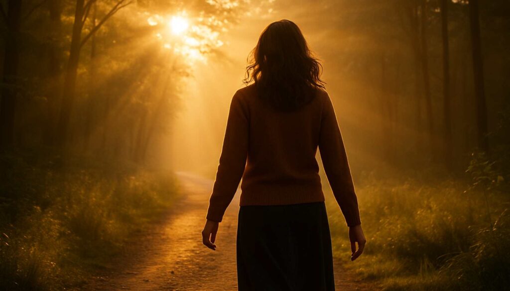 Frau geht einen sonnendurchfluteten Waldweg entlang – Symbolbild für Aufbruch und inneren Neuanfang
