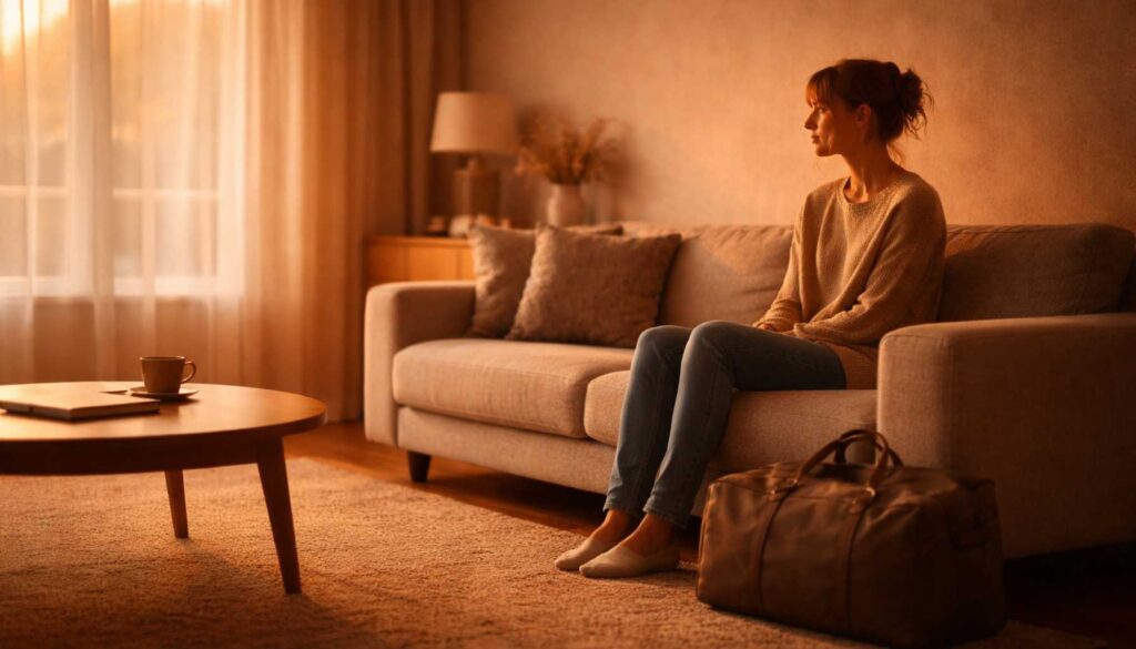 Frau sitzt im warmen Abendlicht in einem ruhigen Raum und blickt still aus dem Fenster – Symbol für den Wunsch nach einem Neuanfang ohne Bewegung.