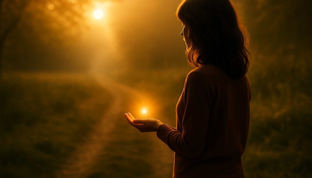Frau im warmen Sonnenlicht hält ein leuchtendes Licht in der Hand – Symbol für Selbstreflexion und das Erkennen alter Muster.
