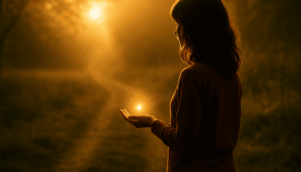 Frau im warmen Sonnenlicht hält ein leuchtendes Licht in der Hand – Symbol für Selbstreflexion und das Erkennen alter Muster.