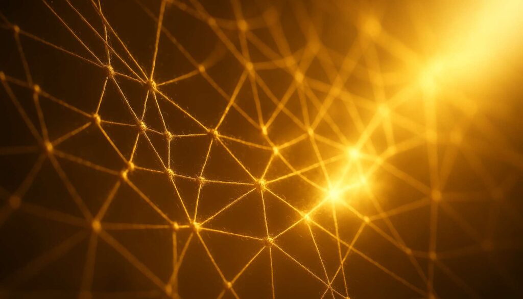 Leuchtendes Energienetz aus goldenen Lichtfäden – Symbol für Karma und die Auflösung alter Verbindungen