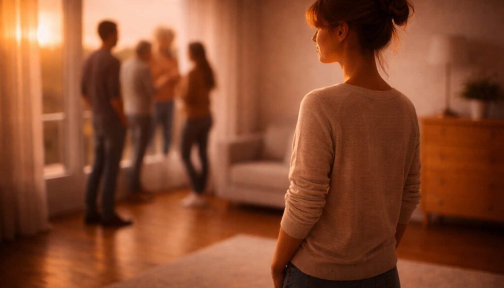 Frau steht in warmem Abendlicht in einem Raum, während im Hintergrund andere Menschen miteinander sprechen – Symbol für wiederkehrende Begegnungen und seelische Verbindungsmuster.