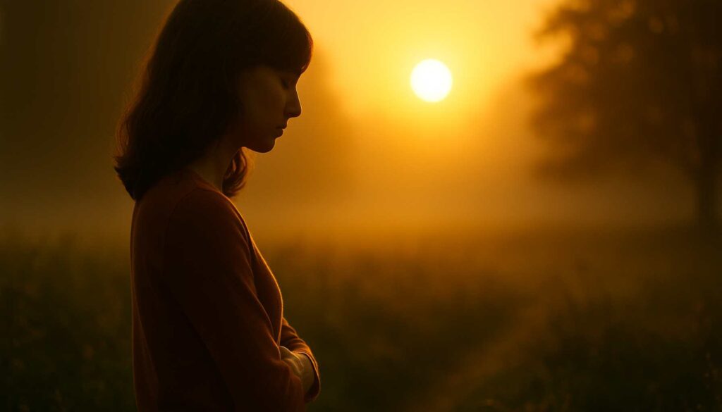 „Frau im goldenen Abendlicht, nachdenklich und erschöpft – Symbol für innere Leere und seelische Müdigkeit.