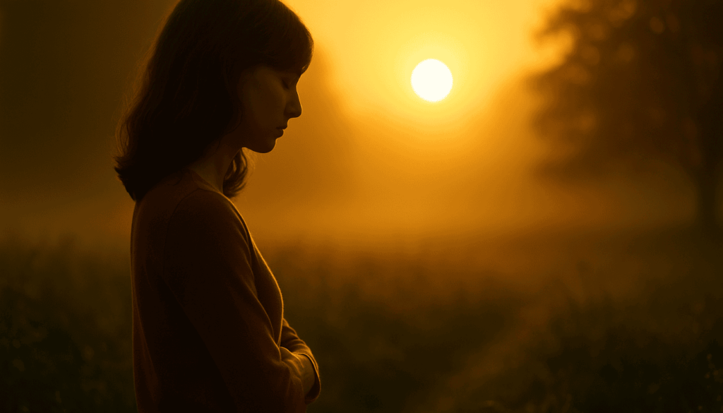 „Frau im goldenen Abendlicht, nachdenklich und erschöpft – Symbol für innere Leere und seelische Müdigkeit.