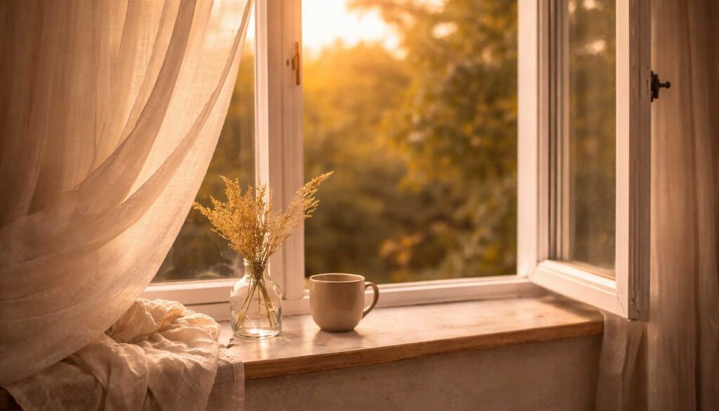 Fenster mit leichtem Vorhang im warmen Abendlicht, ruhiger Moment innerer Erschöpfung
