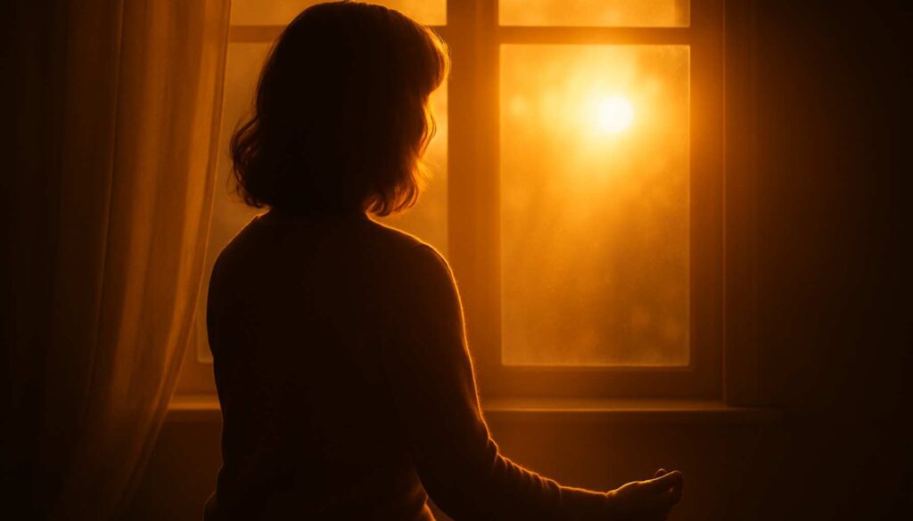 Sanftes Licht fällt auf eine ruhige Person, die mit geschlossenen Augen tief atmet. Das Motiv symbolisiert innere Ruhe, Erdung und bewusste Auszeit im Alltag.