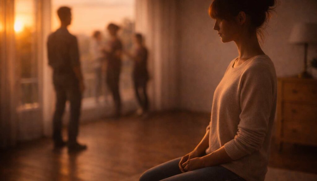 Frau sitzt ruhig in einem Raum im warmen Abendlicht, während im Hintergrund mehrere Menschen stehen – sie wirkt nach innen gerichtet und nimmt ihre Umgebung sensibel wahr.