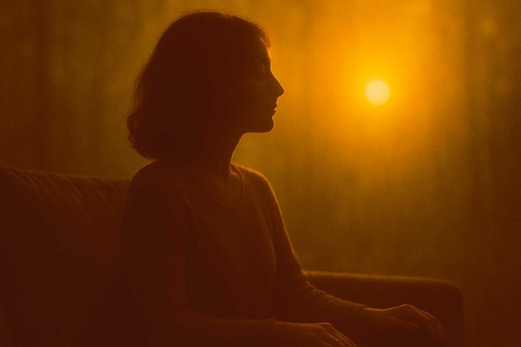 Frau sitzt ruhig im warmen Licht und findet innere Balance – Symbol für Nervenregulierung und Erholung.