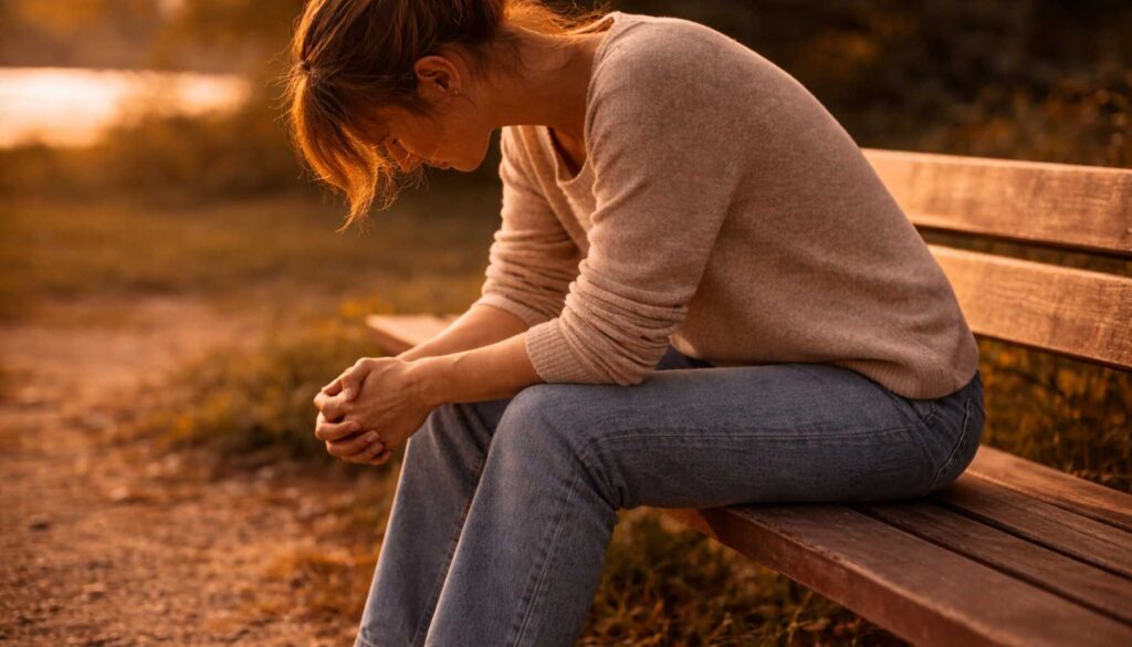 Erschöpfte Frau sitzt nach vorne gebeugt auf einer Bank im warmen Abendlicht, Hände ineinander verschränkt, sichtbare körperliche Anspannung