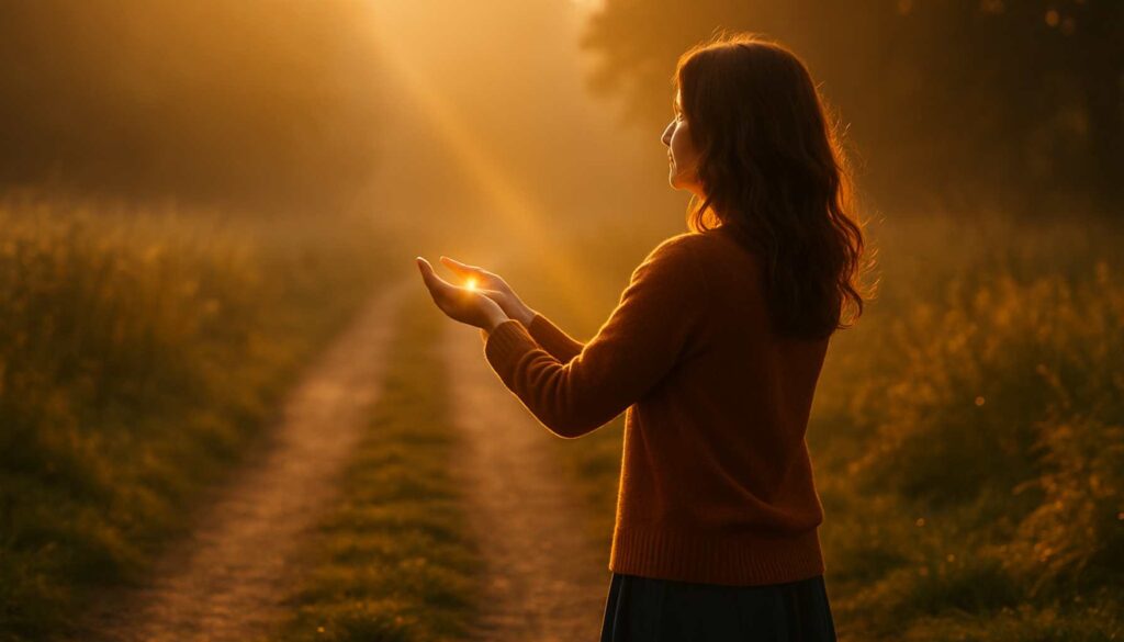 Frau steht ruhig auf einem Weg im warmen Abendlicht und hält die Hände offen, umgeben von sanftem goldenen Schein – Symbol für energetische Abgrenzung und innere Stabilität.