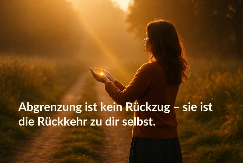 energetische-abgrenzung-lernen Frau steht ruhig auf einem Weg im goldenen Abendlicht, hält sanft die Hände geöffnet und blickt ins Licht – Symbol für energetische Abgrenzung, Selbstverbundenheit und innere Stärke.