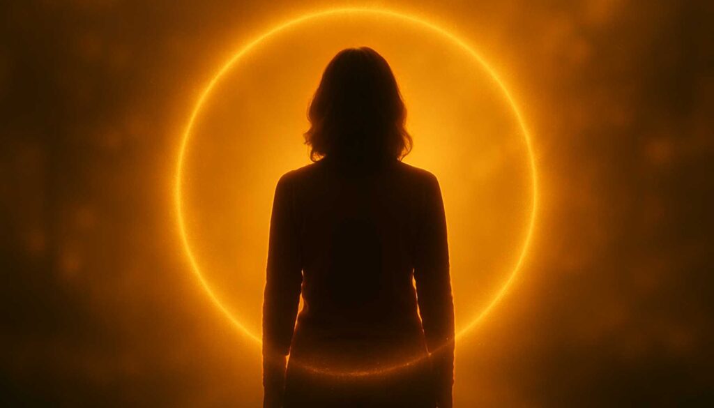 Person im warmen Lichtkreis steht ruhig in goldener Umgebung – Symbol für innere Stärke und energetischen Schutz.