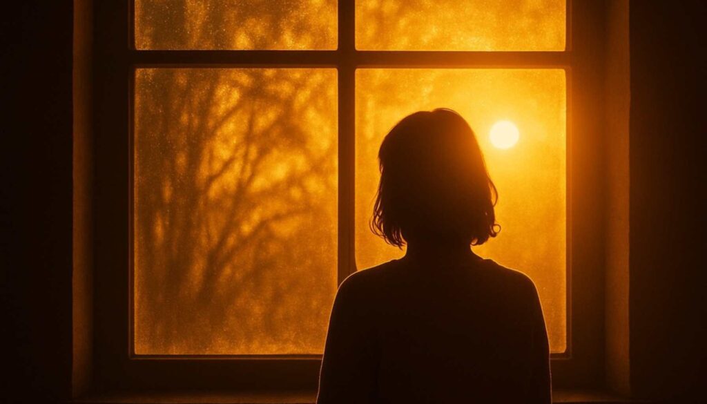 Frau steht im warmen Abendlicht am Fenster und blickt nach draußen – Symbol für innere Ruhe und Selbstreflexion.