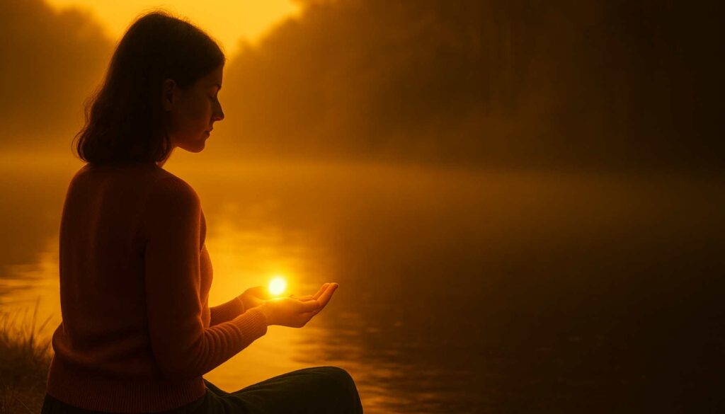 Feinfühlige Frau sitzt am Wasser und hält sanft ein Licht in den Händen – Symbol für Empathie, Resonanz und das bewusste Erkennen fremder Emotionen.