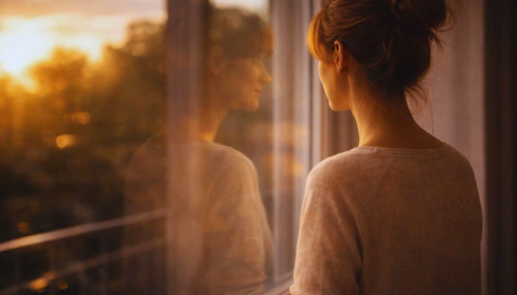 Frau steht am Fenster im warmen Abendlicht und betrachtet ihre Spiegelung – Symbol für feine Wahrnehmung, Selbstreflexion und das Gefühl, sich anders zu fühlen.