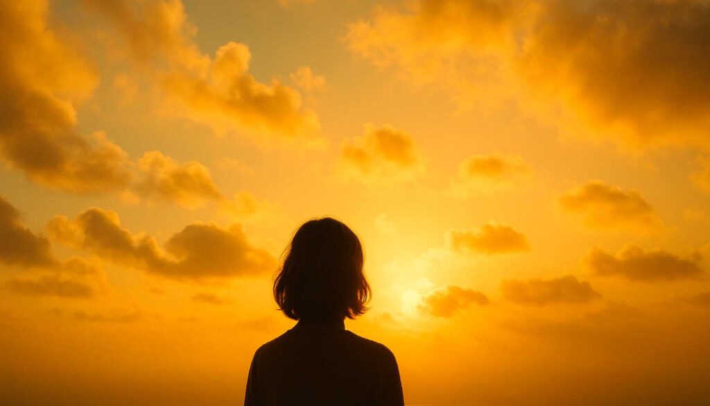 Person blickt in warmes Abendlicht – Symbol für Klarheit und innere Ruhe nach mentaler Anspannung