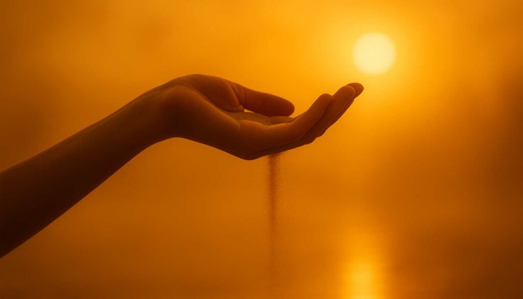 Hand lässt sanft Sand durch die Finger rieseln – im goldenen Licht der Sonne, Symbol für Loslassen und innere Leichtigkeit