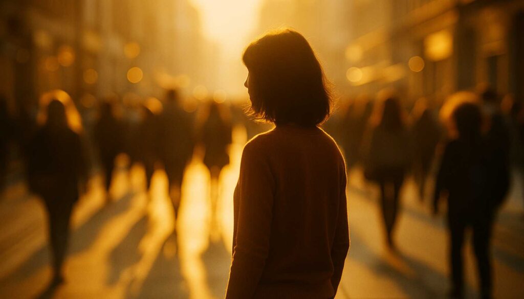 Schemenhafte Person steht ruhig in einer belebten Stadt im goldenen Sonnenlicht – Symbol für Ruhe inmitten von Reizüberflutung