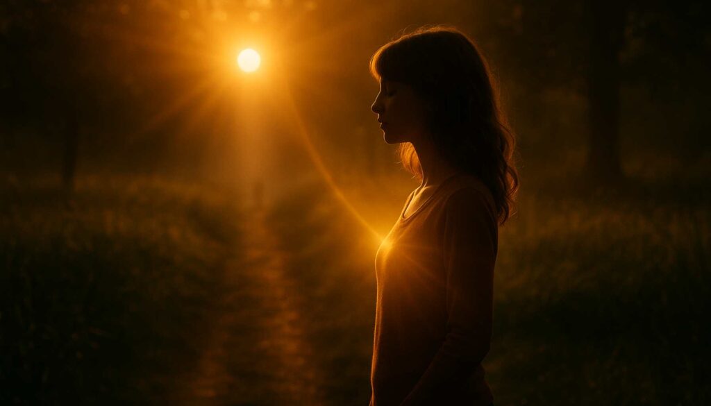 Eine Frau steht still im goldenen Morgenlicht. Die Sonne scheint direkt auf ihr Herz, während der Weg im Hintergrund im Nebel verschwindet – Symbol für den Moment, in dem aus innerer Unruhe Ruhe wird.