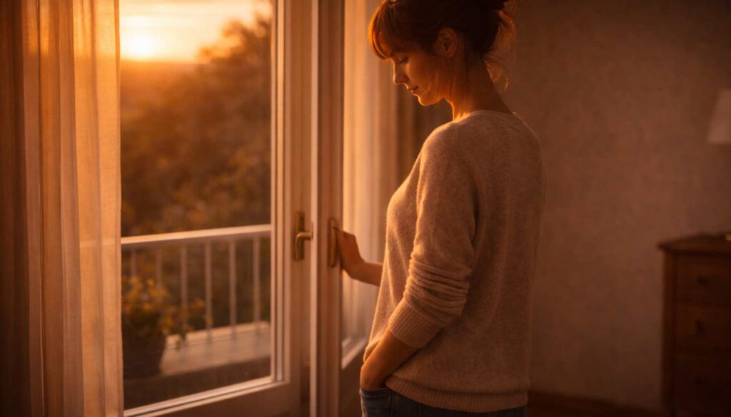Frau steht im warmen Abendlicht am offenen Fenster und blickt ruhig nach draußen, nachdenkliche Stimmung