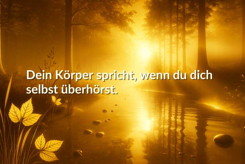 koerpersymptome-negative-gedanken Goldenes Licht fällt in einen stillen Wald mit Flusslauf – Symbol für innere Ruhe und die Sprache des Körpers bei negativen Gedanken.