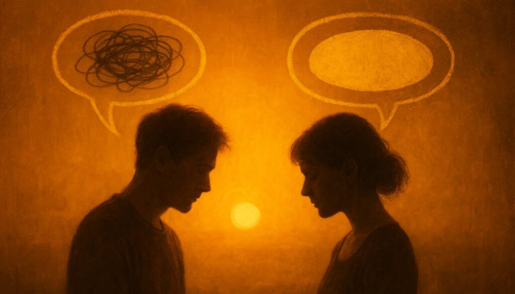 Zwei Silhouetten stehen sich gegenüber, verbunden durch Linien aus Licht – Symbol für Kommunikation und Verständigung.“