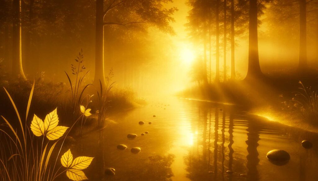 Sanftes goldenes Sonnenlicht fällt durch Bäume auf einen ruhigen Waldfluss – Symbol für innere Ruhe, Energiefluss und Balance zwischen Körper und Geist.