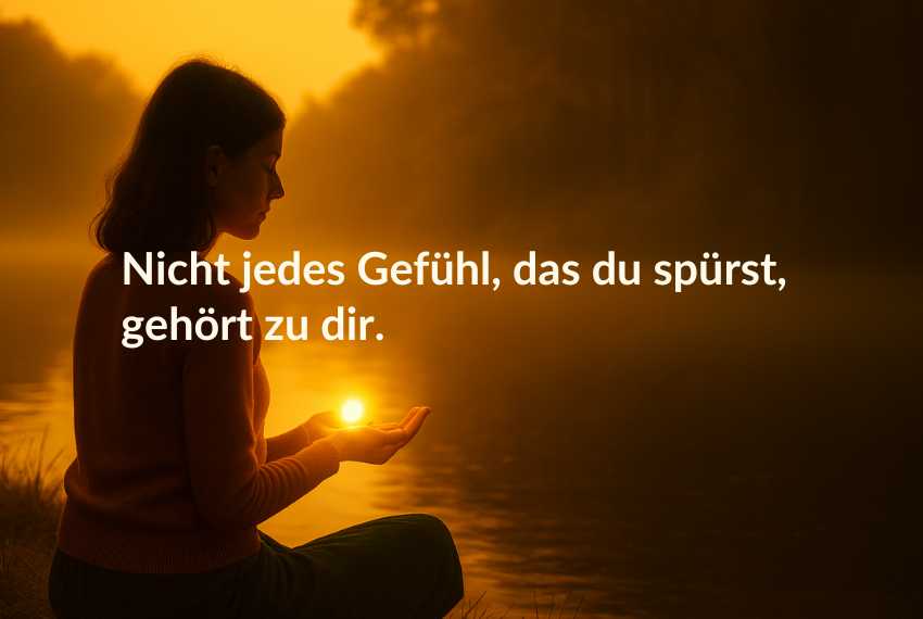 nicht-jedes-gefuehl-gehoert-zu-dir Frau sitzt still am See und hält ein leuchtendes Licht in den Händen – Symbol für Empathie, emotionale Wahrnehmung und das bewusste Loslassen fremder Gefühle.