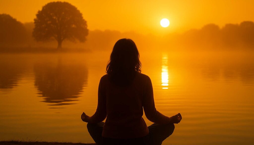 Frau sitzt ruhig am See bei Sonnenaufgang, atmet tief durch – Symbol für Entlastung und inneren Reset nach sozialer Erschöpfung.