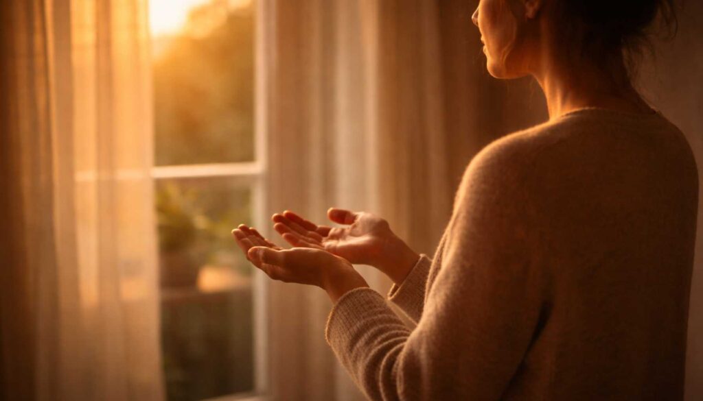 Feinfühlige Frau steht im warmen Abendlicht und spürt sich nach einem intensiven sozialen Kontakt wieder, ruhiger Moment der inneren Regulation