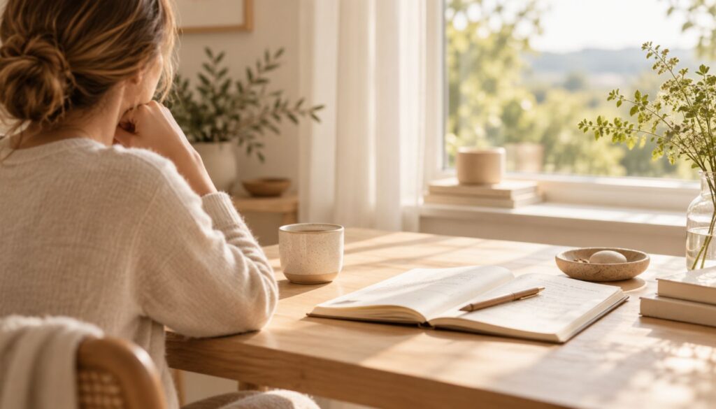 Frau sitzt mit Notizbuch an einem hellen Tisch und schaut aus dem Fenster