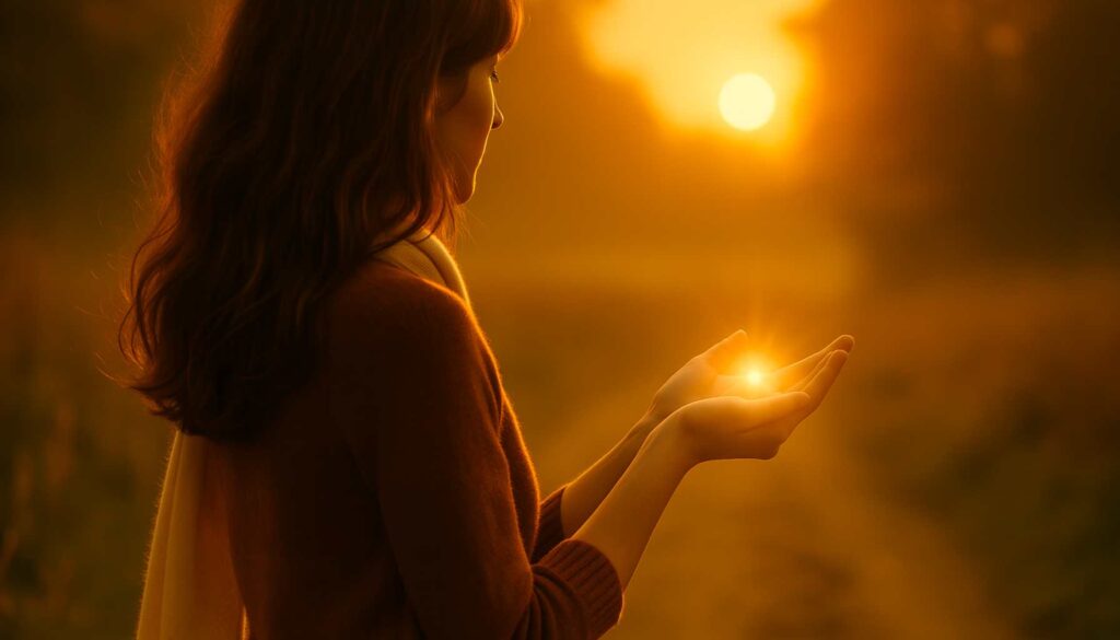 Frau hält sanftes Licht in der Hand im warmen Morgenlicht – Symbol für Empathie, Wahrnehmung und innere Sensibilität