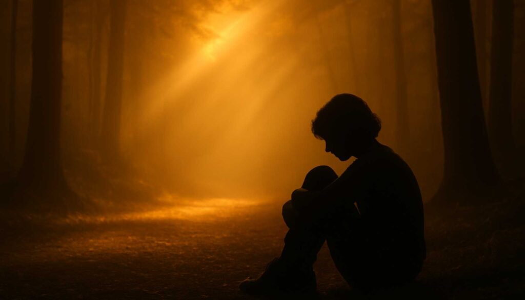 Silhouette einer Person, die seitlich am Rand eines warmen, goldenen Waldwegs sitzt; weiches Sonnenlicht fällt durch die Bäume und erzeugt eine ruhige, schützende Stimmung.