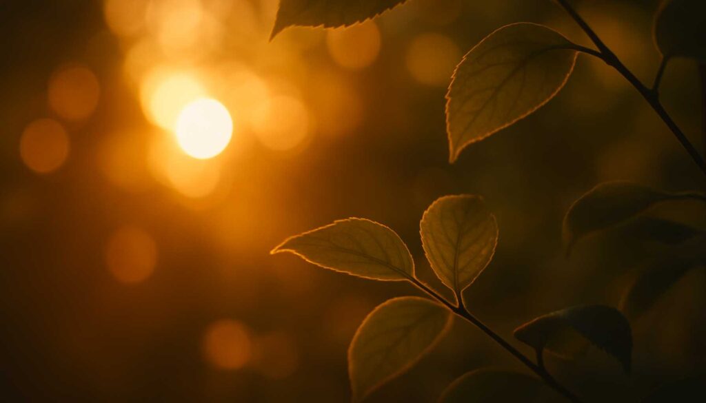 Goldenes Abendlicht scheint durch weiche Blätter – ein ruhiges Naturmotiv, das Entspannung und Nervensystem-Beruhigung vermittelt.