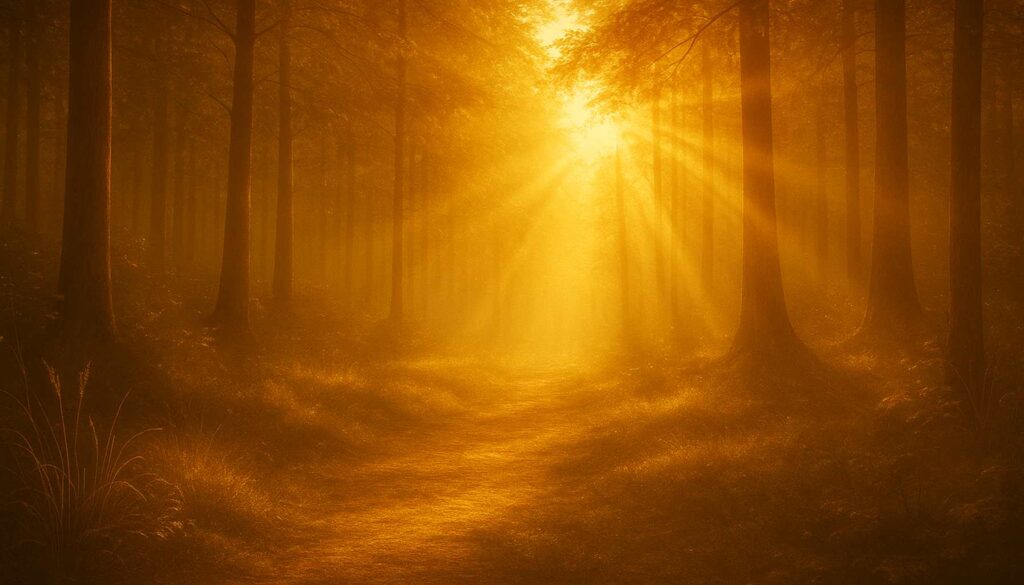 Sanftes goldenes Licht fällt durch einen ruhigen Waldweg und schafft ein Gefühl von Sicherheit und innerer Ruhe.