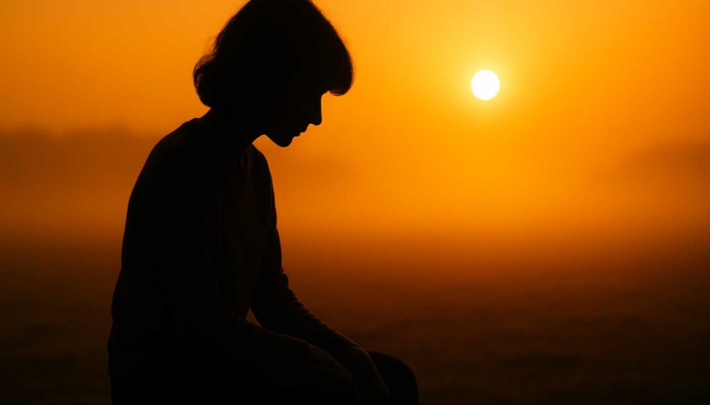 Silhouette einer Person im warmen Morgenlicht; die Sonne steht tief und taucht Landschaft und Figur in weiche Orangetöne – Symbol für ein empfindliches Nervensystem, das stark reagiert und Orientierung sucht.