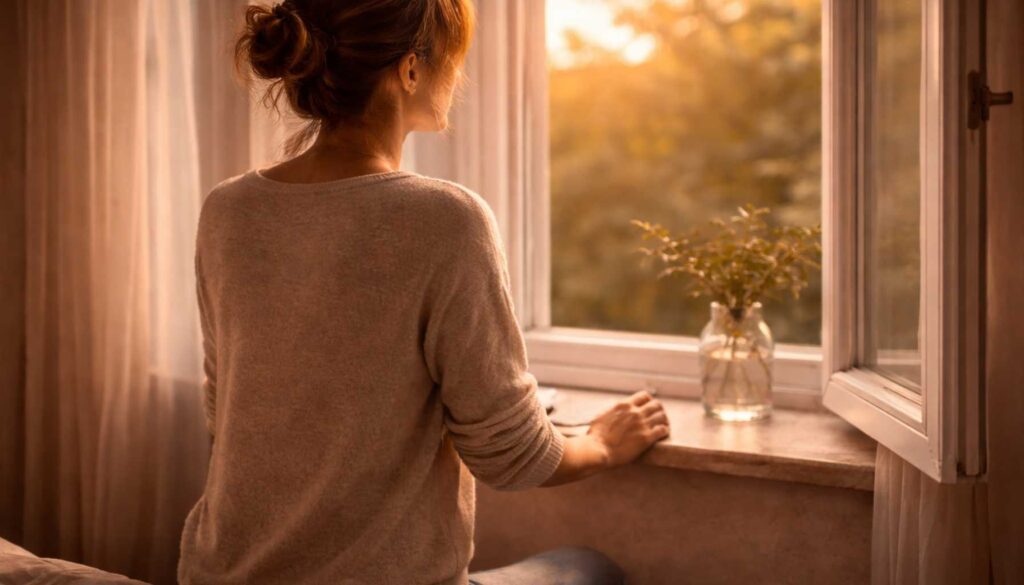 Feinfühlige Frau sitzt am Fenster im warmen Abendlicht und kommt nach einem intensiven Kontakt wieder bei sich an