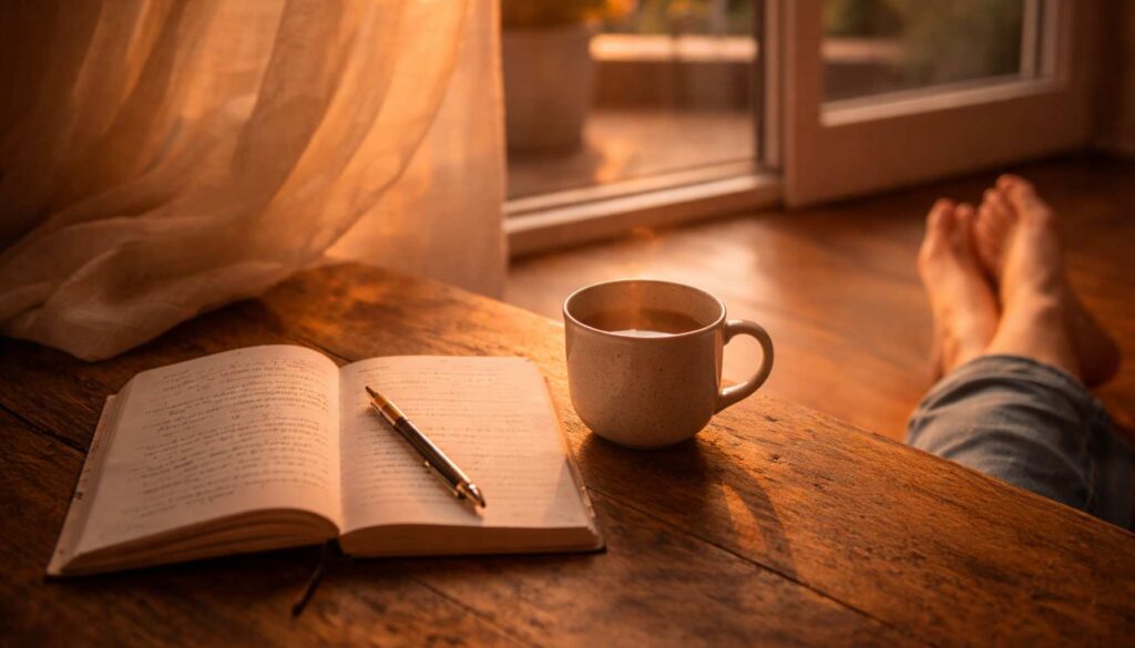 Frau sitzt am Fenster im warmen Abendlicht mit Notizbuch und Tasse – Symbol für Selbstregulation und energetische Abgrenzung im Alltag.