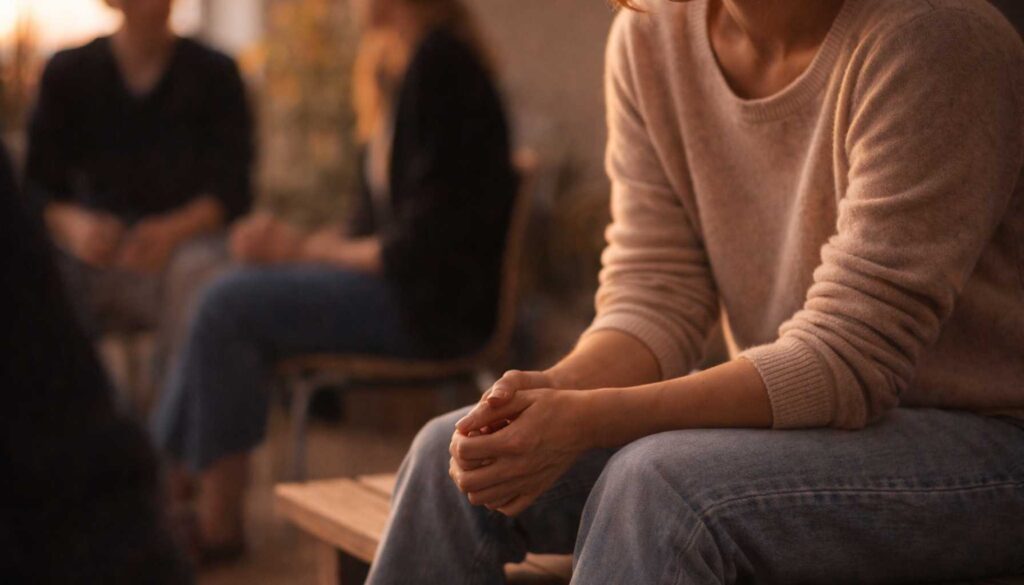 Feinfühlige Person sitzt in einer Gruppe und wirkt innerlich erschöpft, während Gespräche im Hintergrund stattfinden