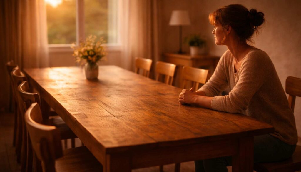 Frau sitzt allein an einem langen Holztisch im warmen Abendlicht und blickt nachdenklich zum Fenster.