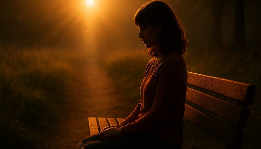 Frau sitzt still auf einer Bank im warmen Abendlicht – Symbol für emotionale Erschöpfung und fehlende Wertschätzung.