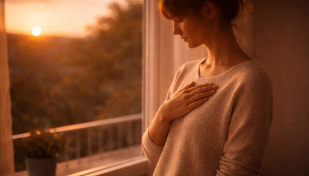 Frau steht im warmen Abendlicht am offenen Fenster und legt die Hand auf ihren Brustraum – Symbol für Selbstwahrnehmung und innere Klarheit.