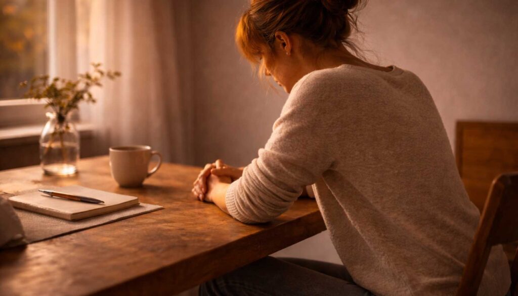 Frau sitzt am Tisch im warmen Abendlicht, leicht nach vorne gebeugt, Ausdruck innerer Anspannung und kreisender Gedanken